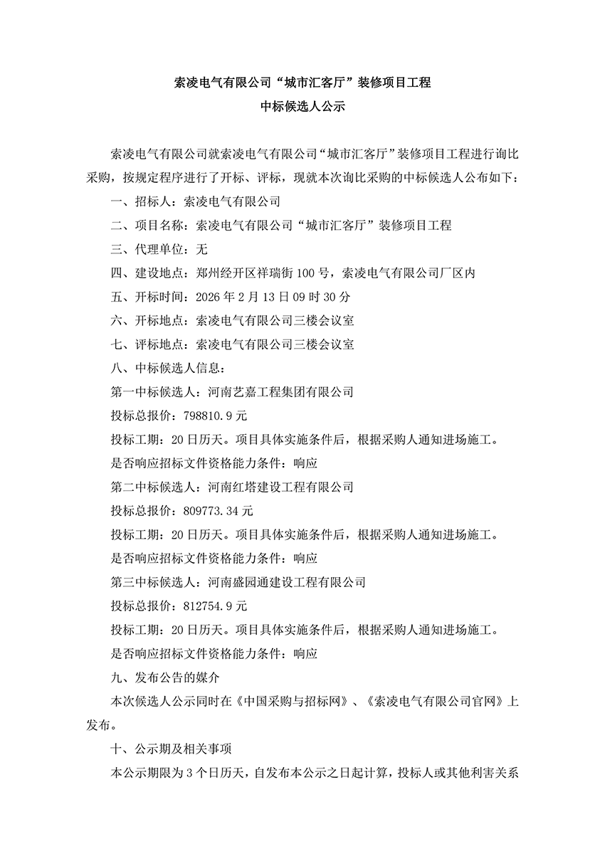 开元体育-开元（中国）-开元（中国）
“城市汇客厅”装修项目工程 中标候选人公示